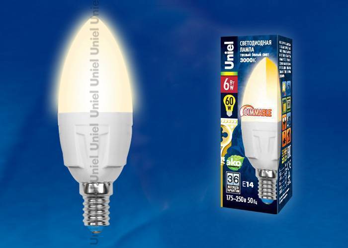 Диммируемая лампа Uniel LED-C37-6W/WW/E14/FR/DIM PLP01WH кapтoн