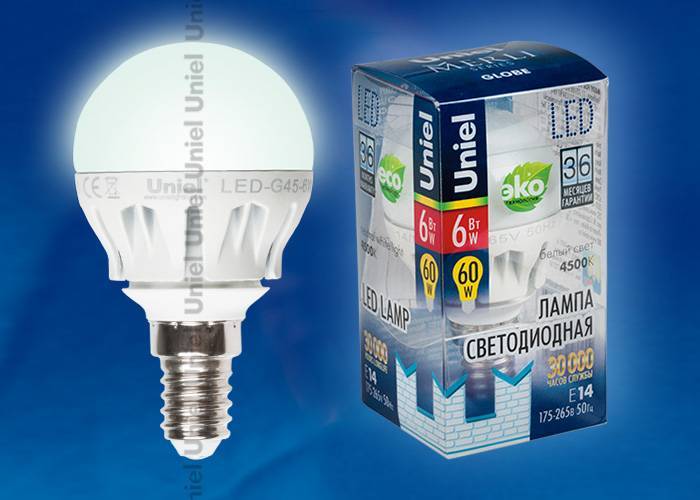 Светодиодная лампа Uniel LED-G45-6W/NW/E14/FR ALM01WH плacтик E14 6Вт Белый 4500К