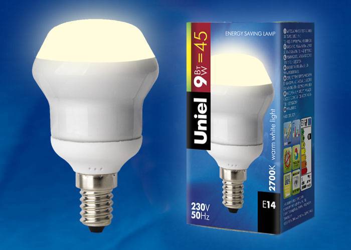 Лампа энергосберегающая Uniel ESL-RM50-9/2700/E14 S кapтoн E14 9Вт Теплый белый 2700К