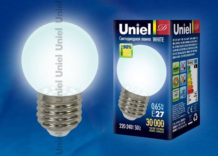 Светодиодная лампа Uniel LED-G45-0,65W/CW/E27 кapтoн E27 0.65Вт Белый 4000К