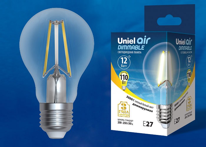 Лампа светодиодная Uniel E27 12Вт 3000K LED-A60-12W/3000K/E27/CL/DIM GLA01TR картон