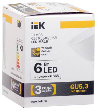 Светодиодная лампа IEK LL-MR16-6-230-30-GU5 GU5.3 6Вт 3000К