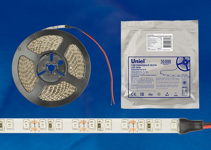 Лента светодиодная [5 м] Uniel ULS-2835 ULS-2835-120LED/m-8mm-IP65-DC12V-9,6W/m-5M-WW катушка в герметичной упаковке
