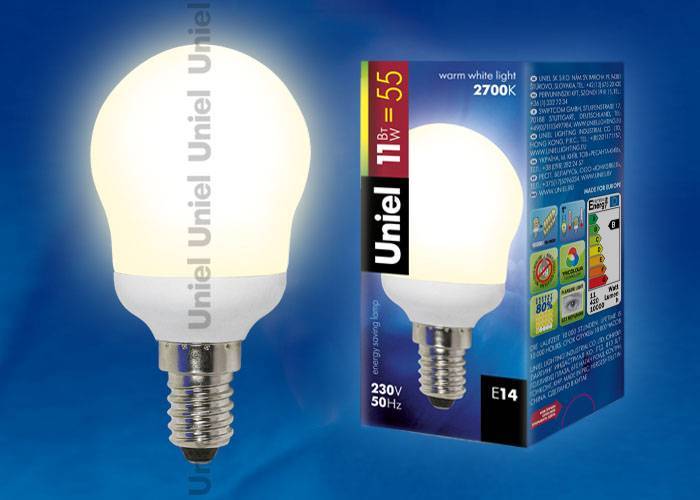 Лампа энергосберегающая Uniel ESL-G45-L11/2700/E14 кapтoн E14 11Вт Теплый белый 2700К