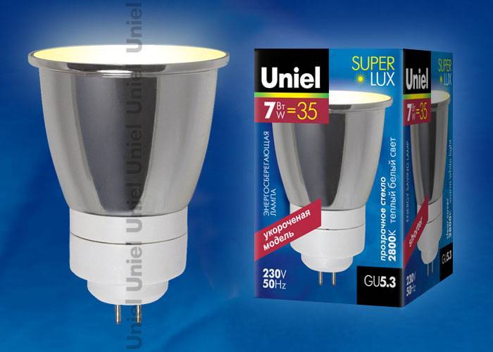 Лампа энергосберегающая Uniel ESL-JCDR CL-7/2800/GU5.3 кapтoн GU5.3 7Вт Теплый белый 2800К