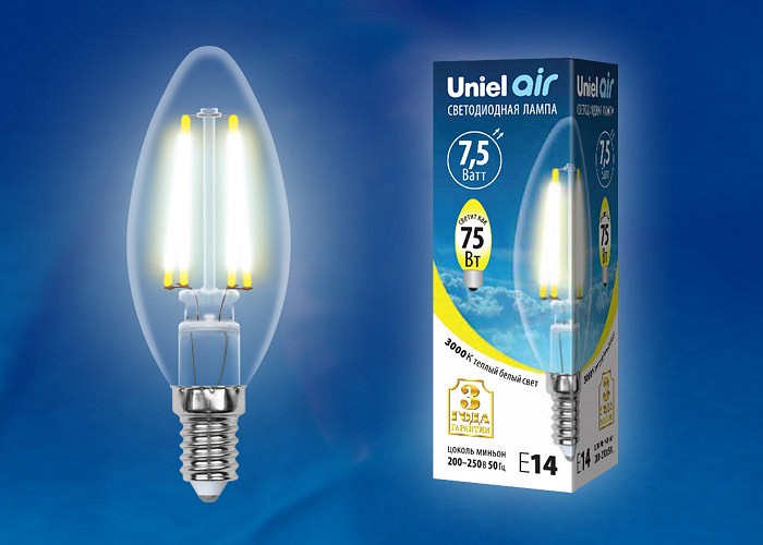 Лампа светодиодная Uniel Air E14 7.5Вт 3000K LED-C35-7,5W/WW/E14/CL GLA01TR картон