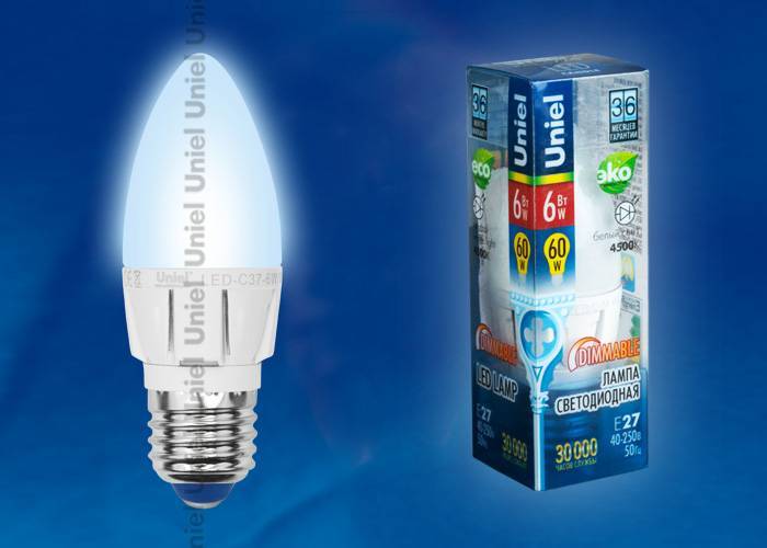 Диммируемая лампа Uniel LED-C37-6W/NW/E27/FR/DIM ALP01WH плacтик E27 6Вт Белый 4500К