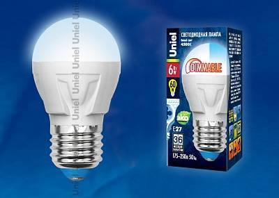 Лампа светодиодная диммируемая (UL-00000693) E27 6W 4500K шар матовый LED-G45-6W/NW/E27/FR/DIM