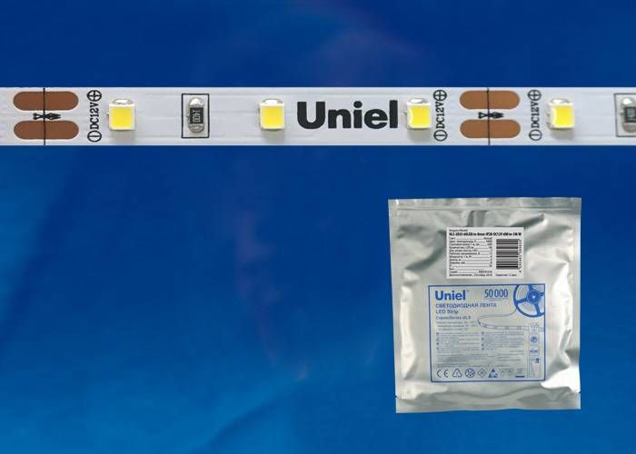 Светодиодная лента Uniel 12 V открытые ULS-2835-120LED/m-8mm-IP20-DC12V-9,6W/m-5M-WW 9.6Вт 3000К