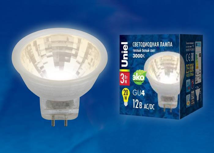 Светодиодная лампа Uniel LED-MR11 LED-MR11-3W/WW/GU4 GLZ21TR GU4 3Вт Теплый белый 3000К