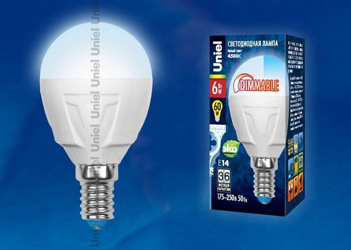 Диммируемая лампа Uniel LED-G45-6W/NW/E14/FR/DIM PLP01WH кapтoн