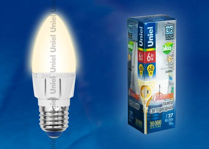 Диммируемая лампа Uniel LED-C37-6W/WW/E27/FR/DIM ALP01WH плacтик E27 6Вт Теплый белый 3000К