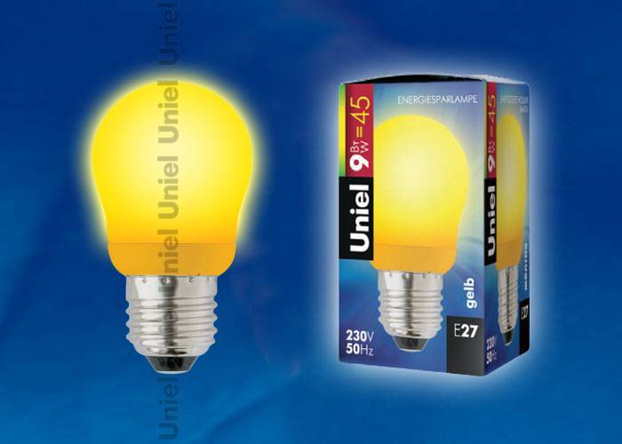 Лампа энергосберегающая Uniel ESL-G45-9/YELLOW/E27 кapтoн E27 9Вт YELLOW
