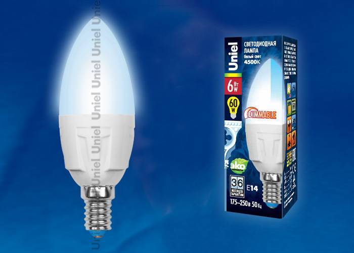 Диммируемая лампа Uniel LED-C37-6W/NW/E14/FR/DIM PLP01WH кapтoн