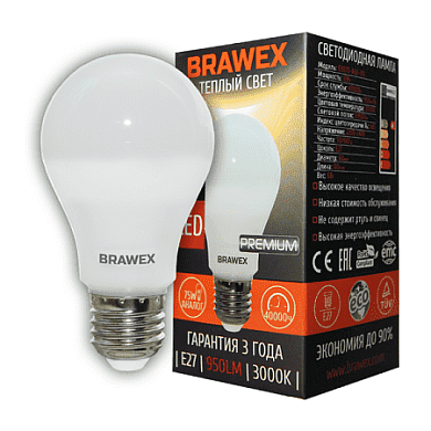 Светодиодная лампа Brawex PREMIUM 0307A-A60-10L E27 10Вт Теплый 3000К
