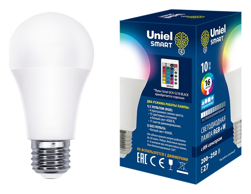 Лампа светодиодная Uniel E27 10Вт 4000K LED-A60-10W/RGB/E27/REG PLS21WH