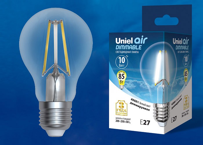Лампа светодиодная Uniel E27 10Вт 4000K LED-A60-10W/4000K/E27/CL/DIM GLA01TR картон