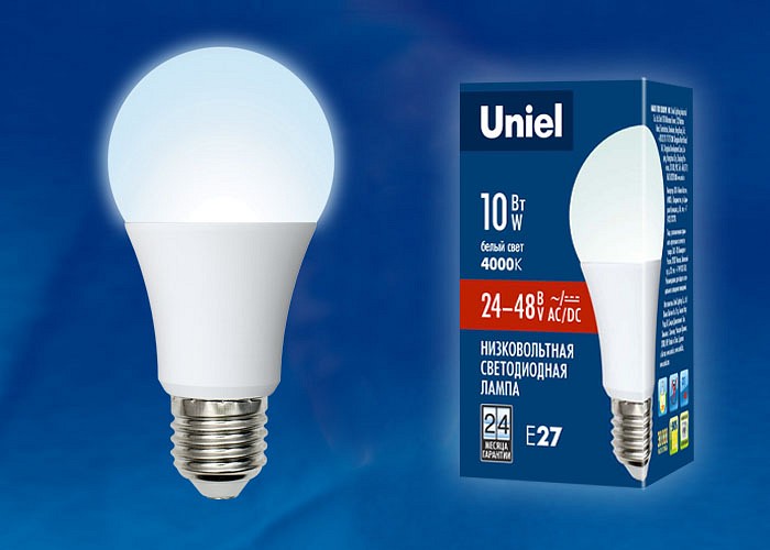 Лампа светодиодная Uniel E27 10Вт 4000K LED-A60-10W/NW/E27/FR/24-48V PLO55WH