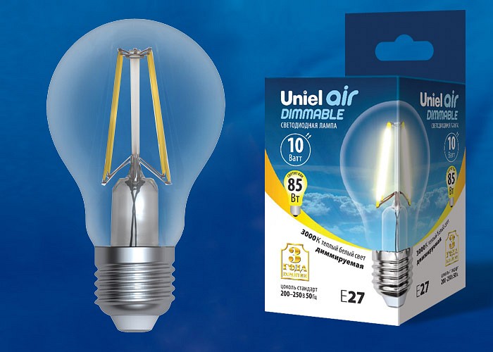 Лампа светодиодная Uniel E27 10Вт 3000K LED-A60-10W/3000K/E27/CL/DIM GLA01TR картон