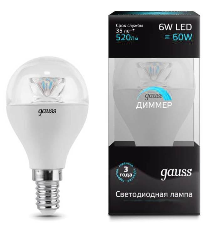 Диммируемая лампа Gauss Globe Crystal Clear 105201206-D E14 6Вт 4100К